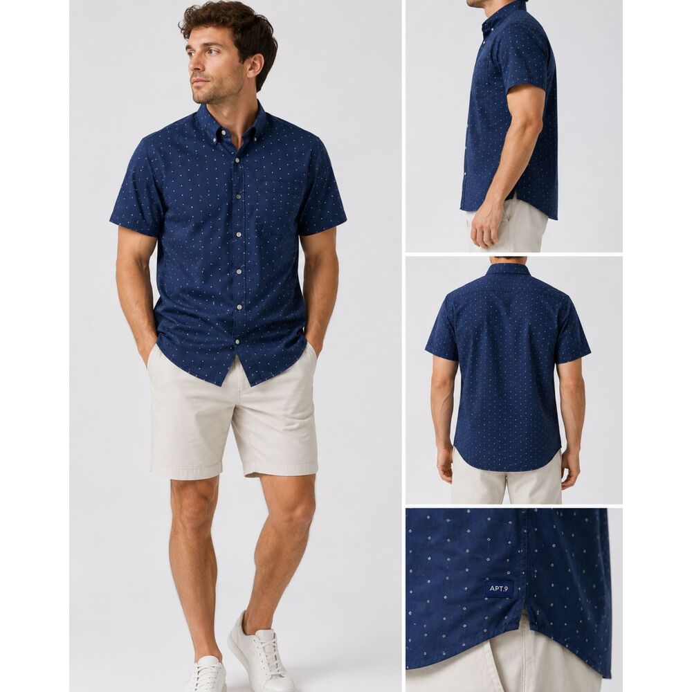 Apt. 9 Premier Flex Men's Large Navy Blue Dot Print Short Sleeve Button Shirt